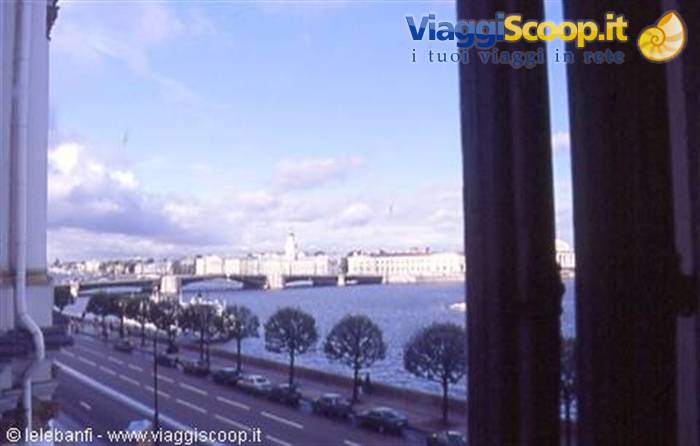 Neva River with bridge and cars seen from a window in Saint Petersburg