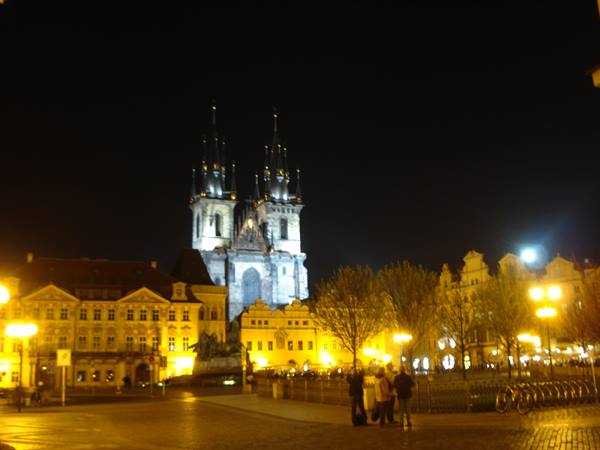 Church of Our Lady before Týn illuminated at night, Old Town Square, Prague