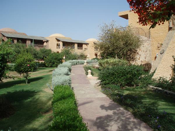 Paved path between green hedges at a resort with ochre stone buildings
