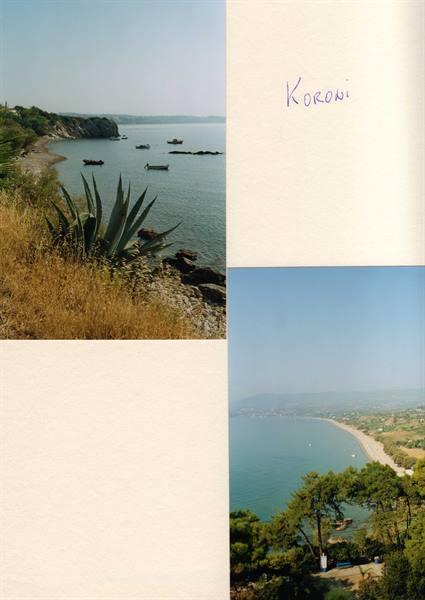 Koroni: boat on sandy beach, agave among dry grass, boats in bay