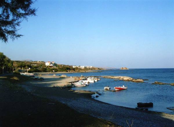 Fishing boats moored on rocky shore, white houses among trees by calm sea