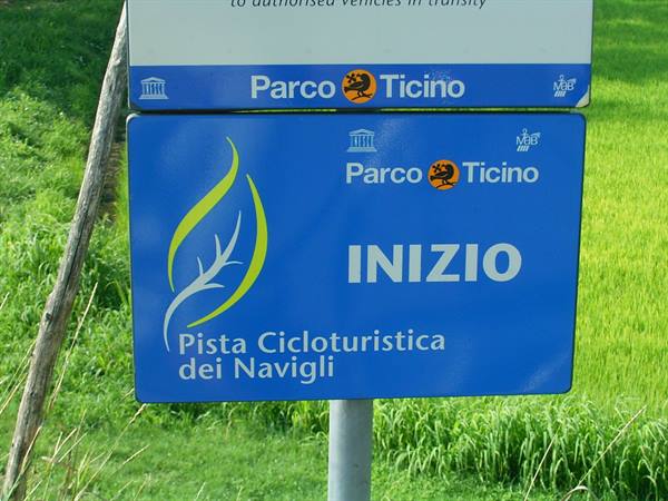 Blue Parco Ticino sign marks the start of the Navigli cycle path