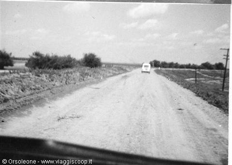 Dirt road through fields, a white car driving toward bushes and utility pole