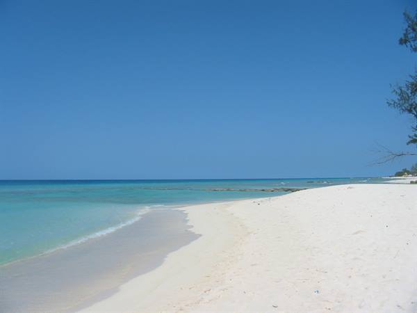 White sand beach with turquoise waves and clear blue sky