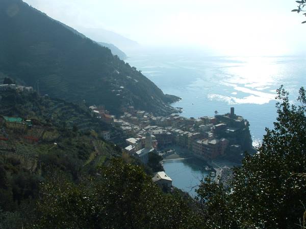 Vernazza among terraced Cinque Terre hills, sunlit sea and small harbor