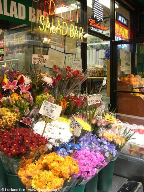 Colorful flowers in buckets outside a deli shop with neon salad bar sign