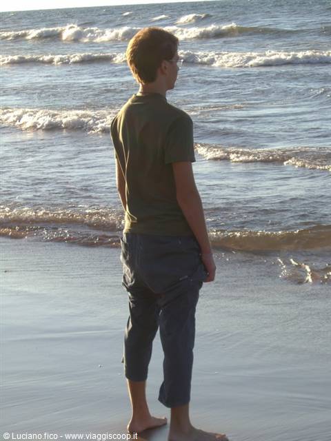 Barefoot boy in green shirt watching waves roll onto the shore