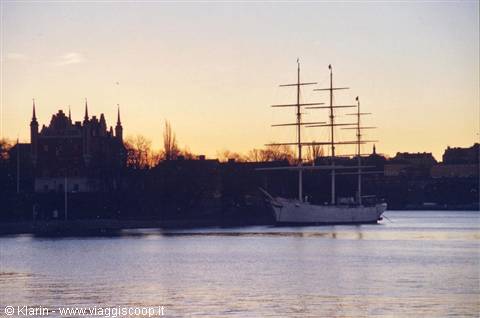 The af Chapman tall ship moored in Stockholm at twilight