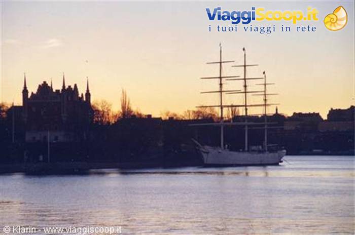 The af Chapman tall ship moored in Stockholm at twilight