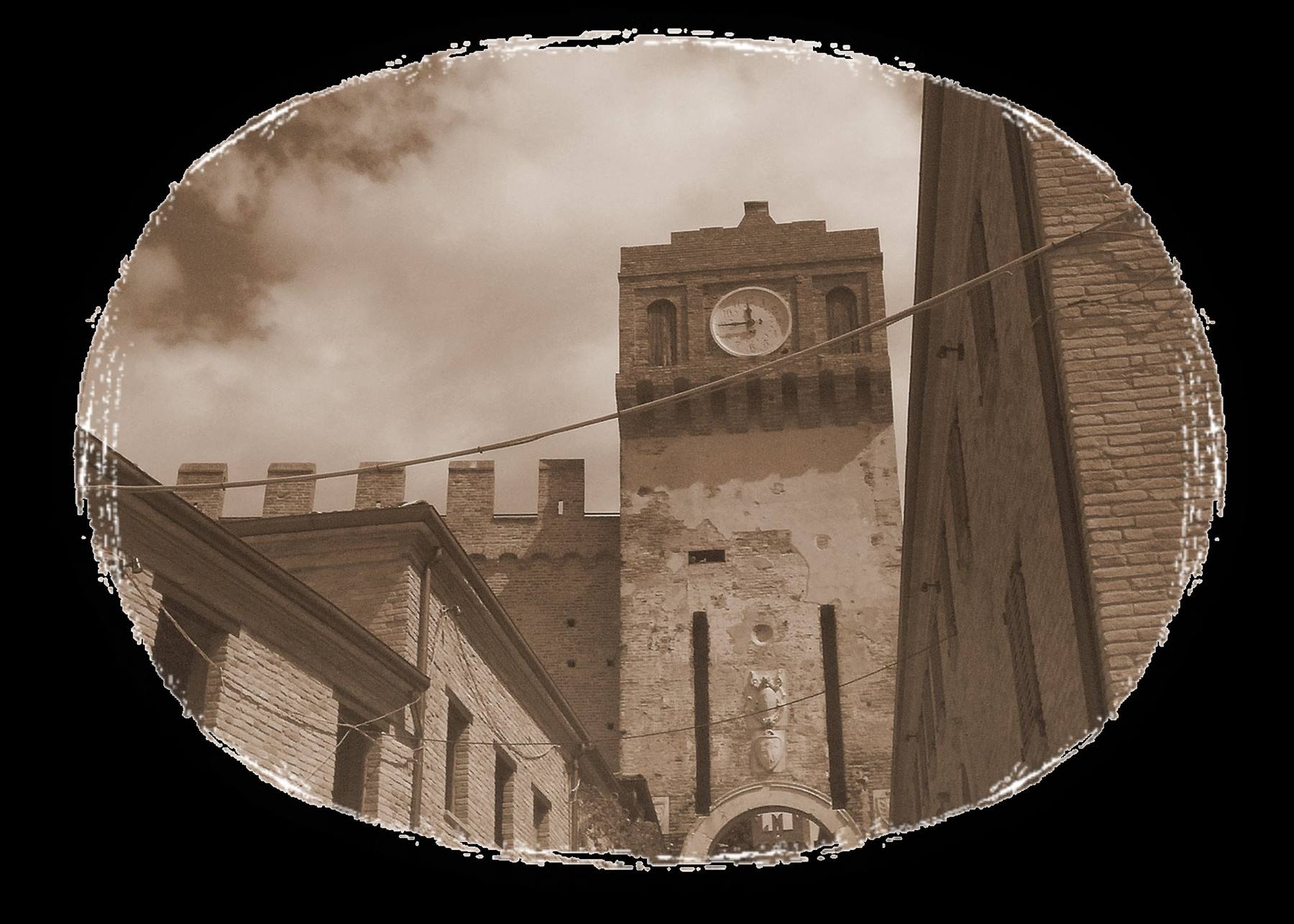 Crenellated brick clock tower rising between medieval houses, sepia photo