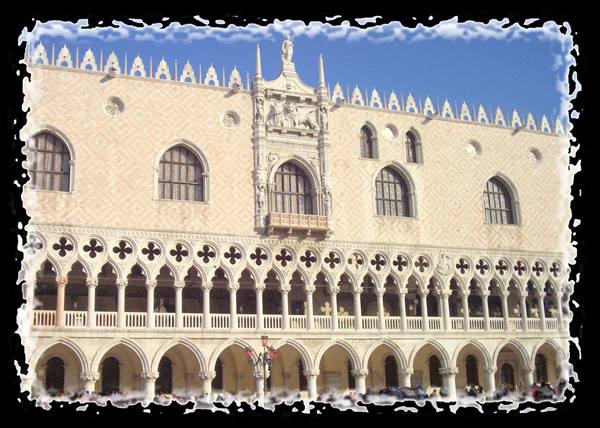 Doge's Palace in Venice: pink and white marble facade under the sun