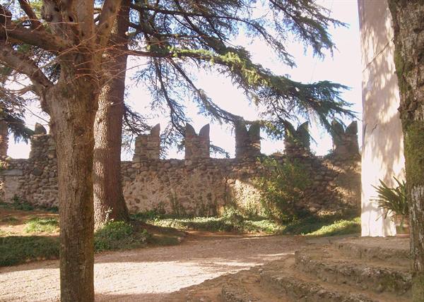 Medieval stone walls with battlements among trees, sunlit rocky steps