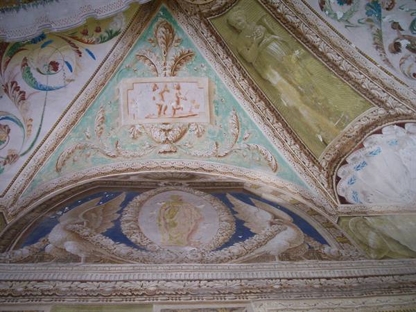 Frescoed ceiling with painted angels and garlands, baroque style, soft light