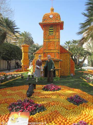 Orange and lemon sculptures shaped like a church, Menton Lemon Festival