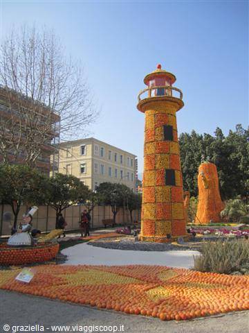 Lighthouse built from oranges and lemons at Menton Lemon Festival
