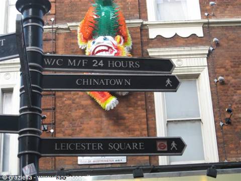 Signposts to Chinatown and Leicester Square beneath a colourful paper dragon