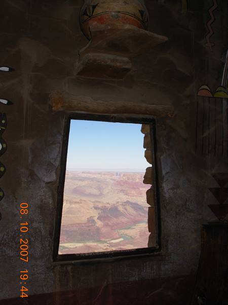 Stone window of the Desert View Watchtower overlooking the Grand Canyon