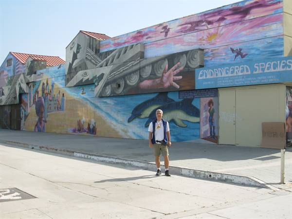 Tourist standing in front of a dolphin mural at Venice Beach