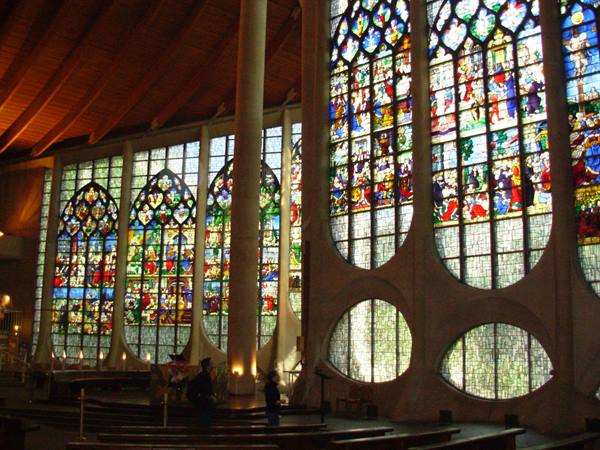 Stained glass windows and concrete pillars of Liverpool's Catholic cathedral