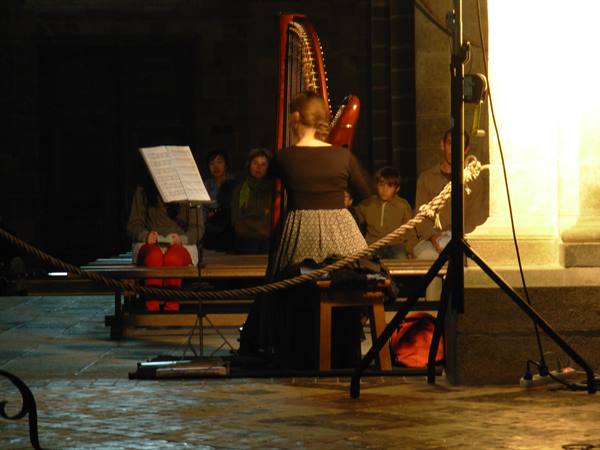 Harpist seen from behind performs at night in a square, audience seated on benches