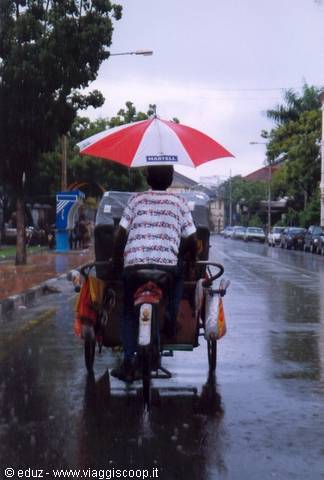 Cyclist pedaling a becak rickshaw under a red umbrella on a rainy street