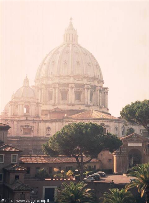 St Peter's dome in the haze, pines and Rome rooftops