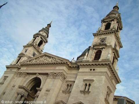 St. Stephen's Basilica in Budapest, stone facade with twin bell towers against the sky