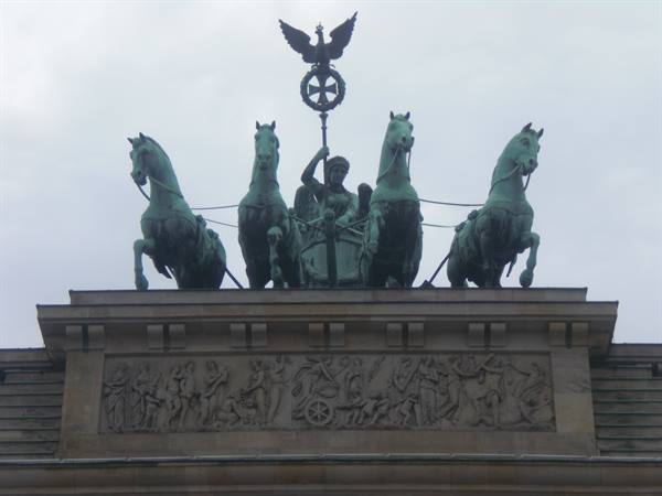 Green bronze quadriga with Prussian eagle atop the Brandenburg Gate in Berlin