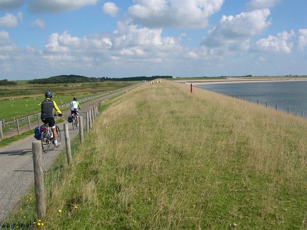 Two cyclists with panniers ride along grassy dike path by calm water