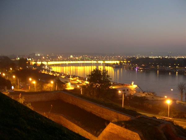 Illuminated bridge over the Danube seen from Petrovaradin Fortress in Novi Sad