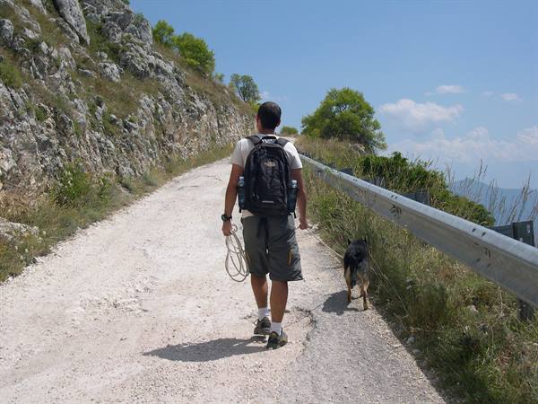 Man with backpack and rope walks on gravel road with his dog