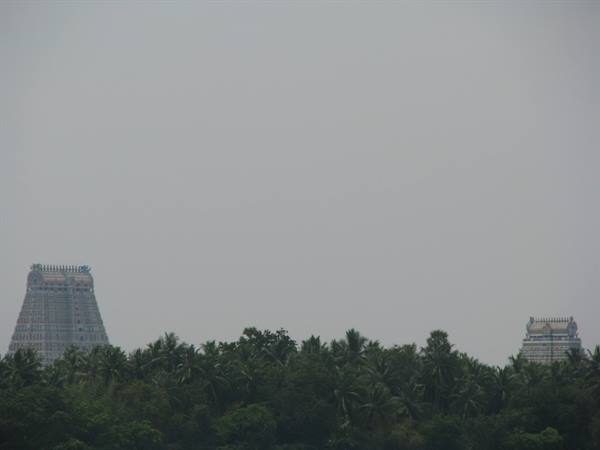 Srirangam Temple, seen from the bed of the Kaveri river