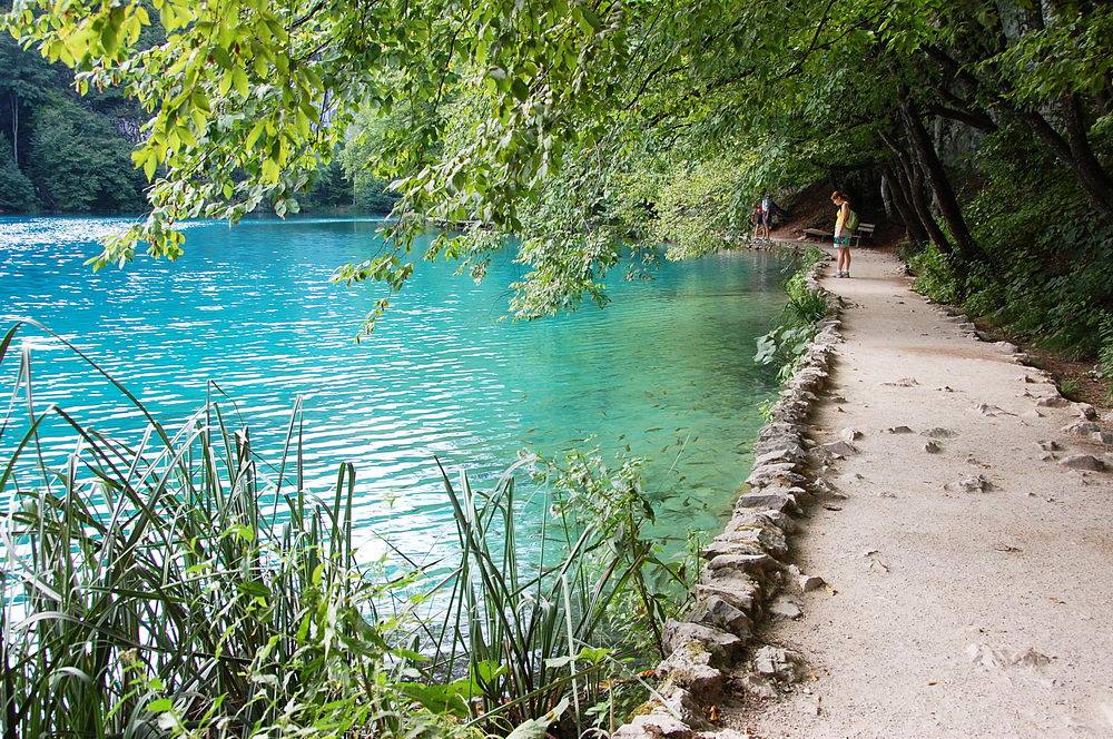 Pebble path beside turquoise lakes, tourist strolling under shady trees