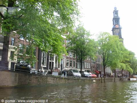 Amsterdam canal houses with the Westerkerk tower behind green trees
