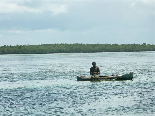 Fisherman in wooden dugout canoe on turquoise water by mangroves