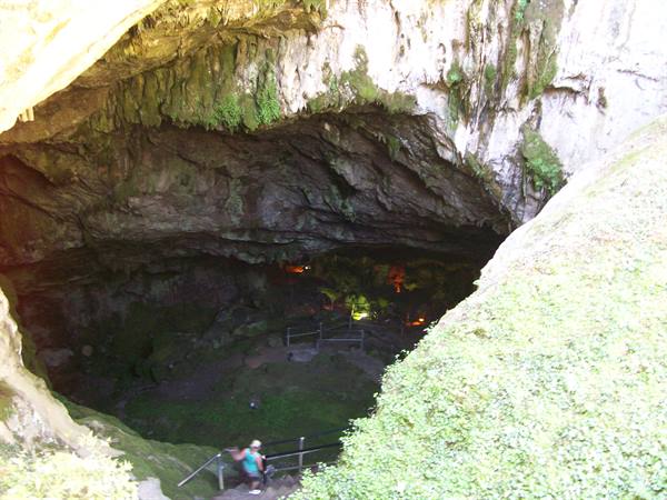 Tourist descends stairs into a mossy cave lit by orange lamps