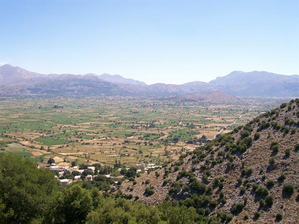 Valley with cultivated fields and arid mountains under blue sky, bushy hillside in foreground