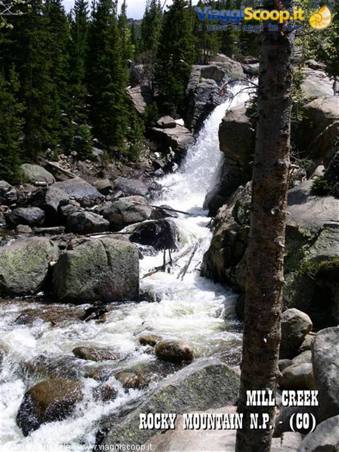 Waterfall over granite boulders among pines at Mill Creek, Rocky Mountain