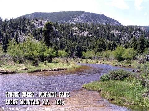 Spruce Creek at Moraine Park, granite rocks and conifers in Rocky Mountain National Park