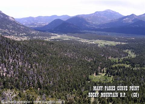 Many Parks Curve: conifer forests below the peaks of Rocky Mountain National Park