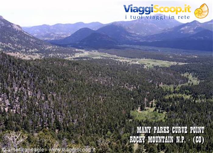 Many Parks Curve: conifer forests below the peaks of Rocky Mountain National Park