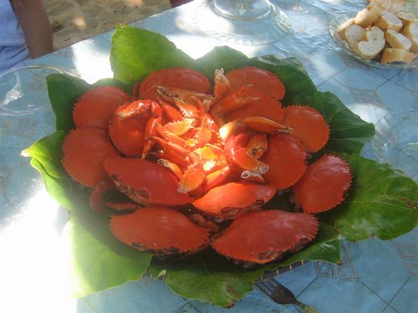 Cooked red crabs arranged on green leaves, outdoor table with bread