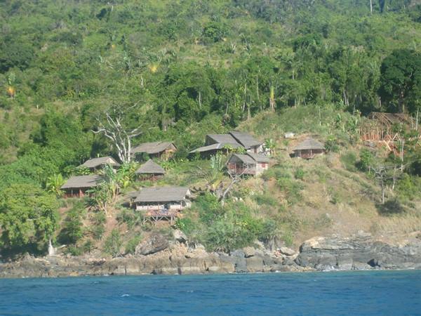 Wooden huts with thatched roofs on green hillside above rocky shore