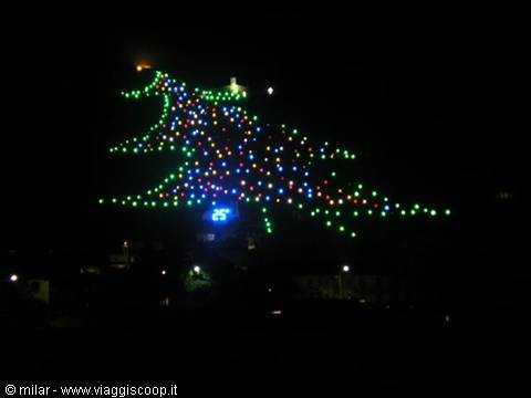 Giant illuminated Christmas tree glowing on Mount Ingino at night, Gubbio