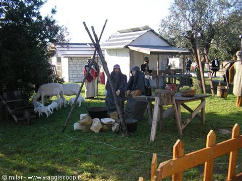 Outdoor nativity scene with costumed statues, wooden hut and sheep on grass