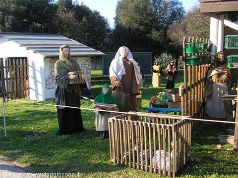 Outdoor living nativity scene: shepherd statues among wooden fences and small huts