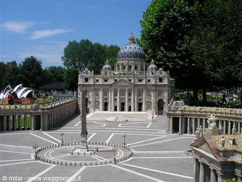 Miniature model of St. Peter's Square with obelisk and basilica under sunny sky