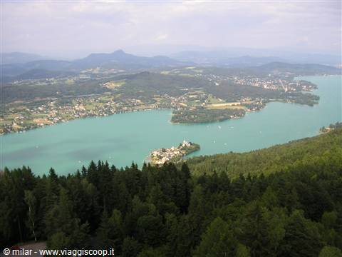 Lake Wörthersee with Maria Wörth island seen from the Pyramidenkogel tower