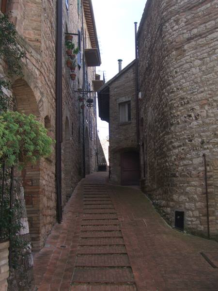 Steep brick-stepped alley between stone walls with hanging flowerpots