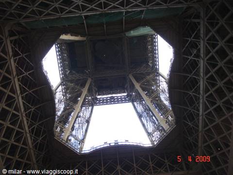 Iron lattice of the Eiffel Tower seen from below, Paris
